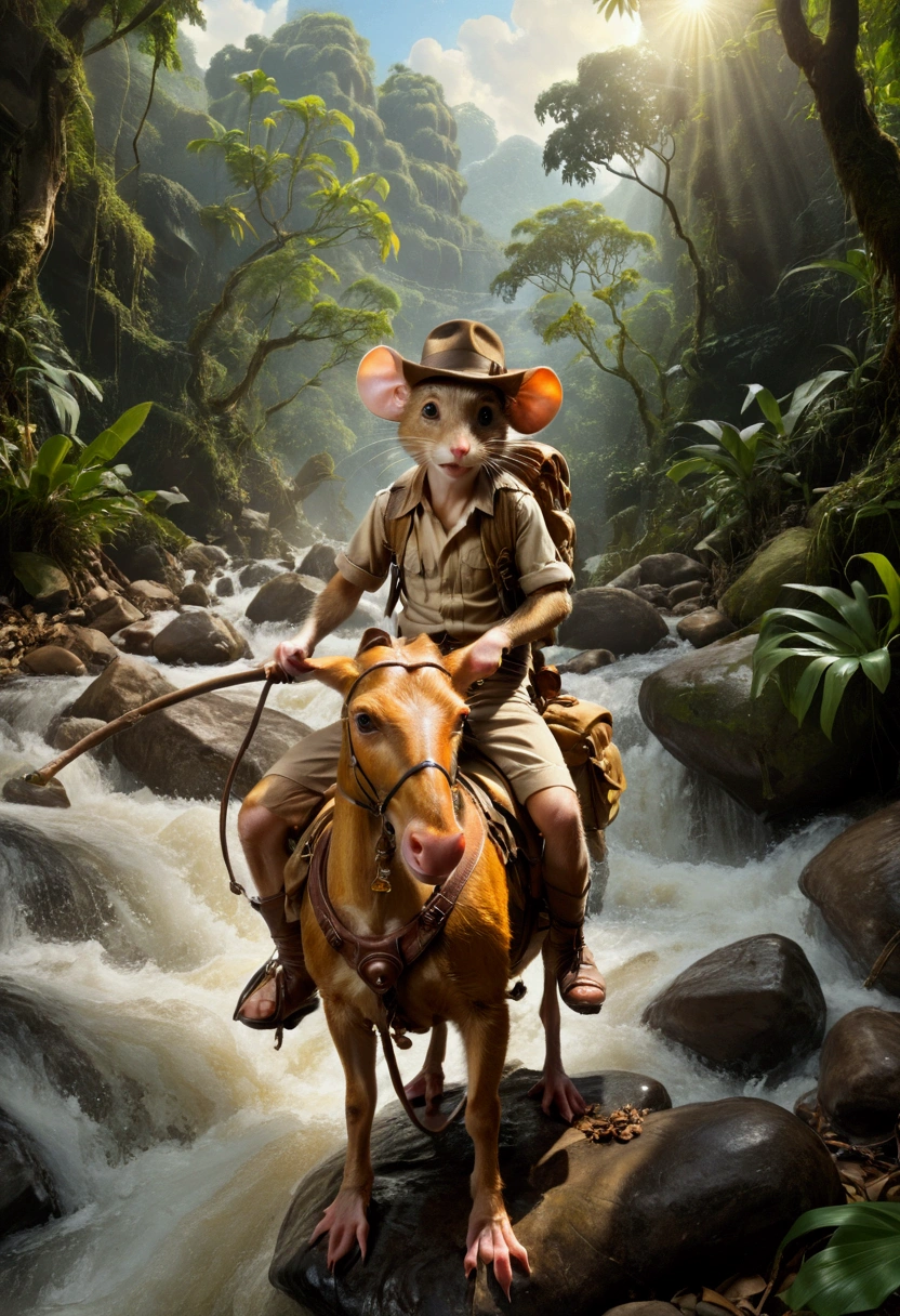 1boy, adventurous jungle explorer, Jungle Adventure, anthropomorphic cute little mouse dressed like "Indiana jones" riding in the saddle on large duck down rapids down mountain stream. saddle bags, bed roll, camping gear, in jungle insanely detailed matte painting by Wadim Kashin, James Gurney, 16k resolution, fine art, natural light, masterpiece, best quality, very aesthetic, absurdres