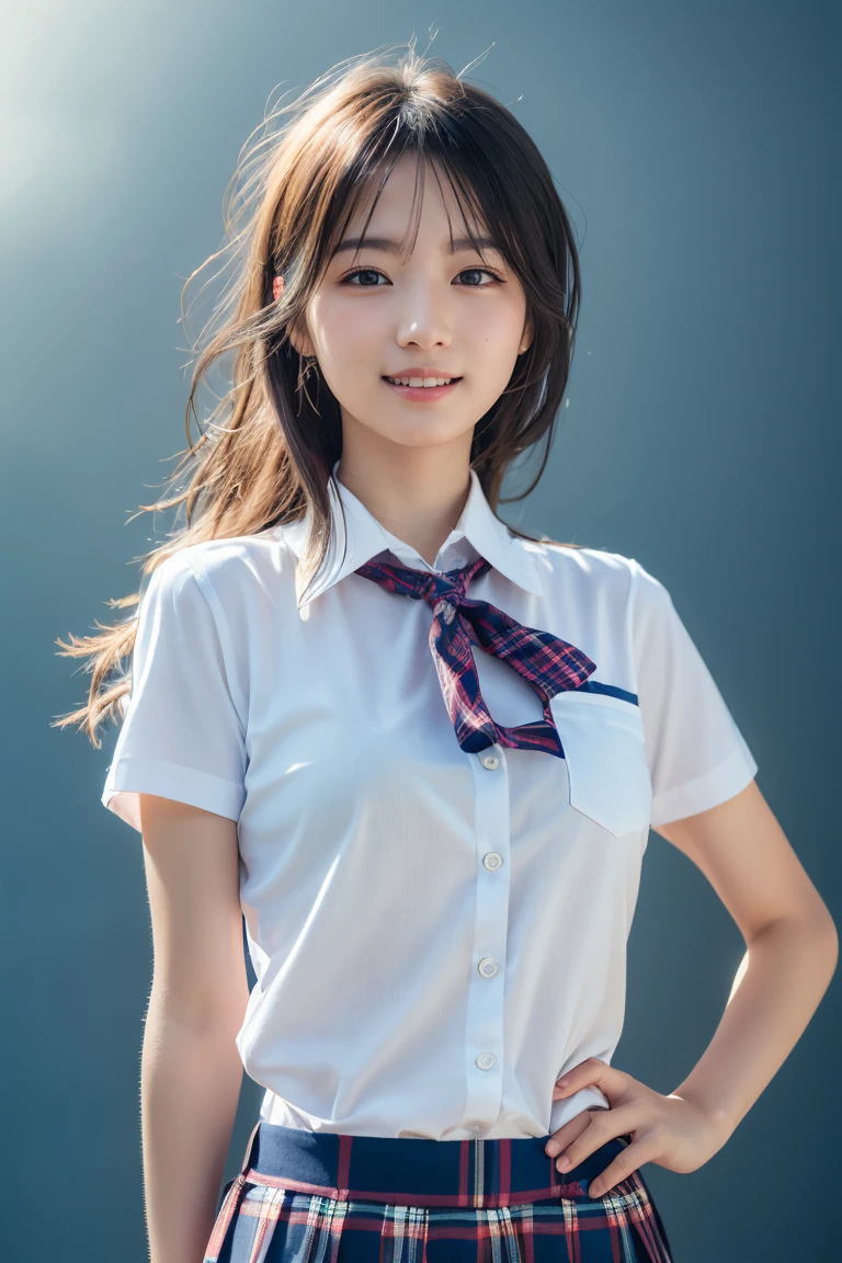 ((school uniform)),ribbon at neck,(school uniform and ((Plaid navy skirt)) and white shirt:1.1), Skin color, big , smile, (8k, RAW Photos, Highest quality, masterpiece:1.2), masterpiece, super detailed, super high quality, (Realistic and Realistic photography:1. 37), High-resolution RAW color photos, Very delicate and beautiful, highly detailed, 8k壁紙, wonderful, detailed, Very eye, very detailed, very detailed skin, very thin fingers, very detailed nose, very detailed mouth, Perfect Anatomy, Upper Body, studio, Soft lighting, A full-body shot of a cute idol wearing a one-piece swimsuit, Playful pose, Hands on hips, smile, Pastel Background, Realistic, Attention to detail, studio photography