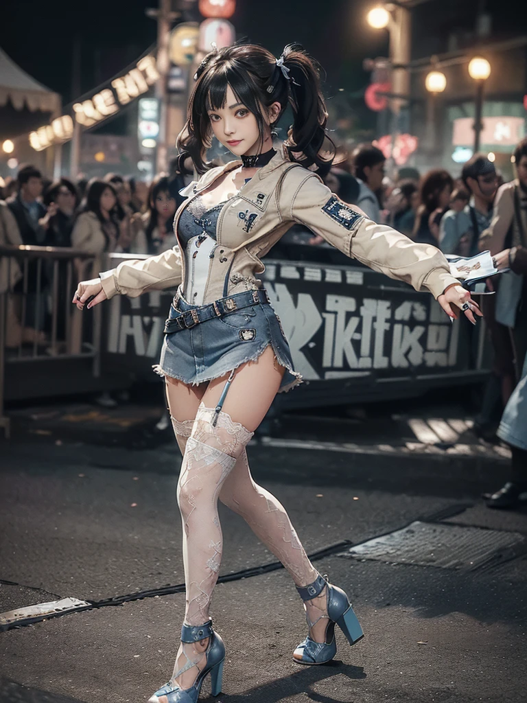 (Full Body View:1.2)、(Side view:1.1)、(Smiling with teeth showing:1.3),(Shibuya Gal:1.5)、(Beautiful:1.4)、(Neo-goth fashion:1.5)、(Punk RockVisual Kei:1.3)、(Futuristic bodysuit in white, beige and denim with embellishments:1.5)、(A delicate short jacket in denim, beige and navy:1.5)、(Denim garter belt:1.5)、(Tattered denim and a white micro mini skirt:1.3)、(Heart-shaped silver accessories:1.5)、(Brown Skin Belt:1.4)、(Blue High Heels:1.4)、(Lace patterned underwear:1.4)、20-year-old、NSFW,((Highest quality、In 8K、masterpiece:1.3))、Sharp focus:1.2、(Layered Cut、Huge boobs:1.1),Beautiful woman with perfect figure:1.4、(Doing an aerobics pose:1.3)、Slender Abs:1.2、Butt、Highly detailed face and skin texture、Detailed eyes、double eyelid,(Twin tails:1.3)、(Black brown hair:1.3)、Obscene、Gravure idol、(Luxurious amusement park at night:1.3)、(Make your legs thinner:1.4)、(Thin thighs:1.4)、(Slim Body:1.3)、(clavicle:1.1)