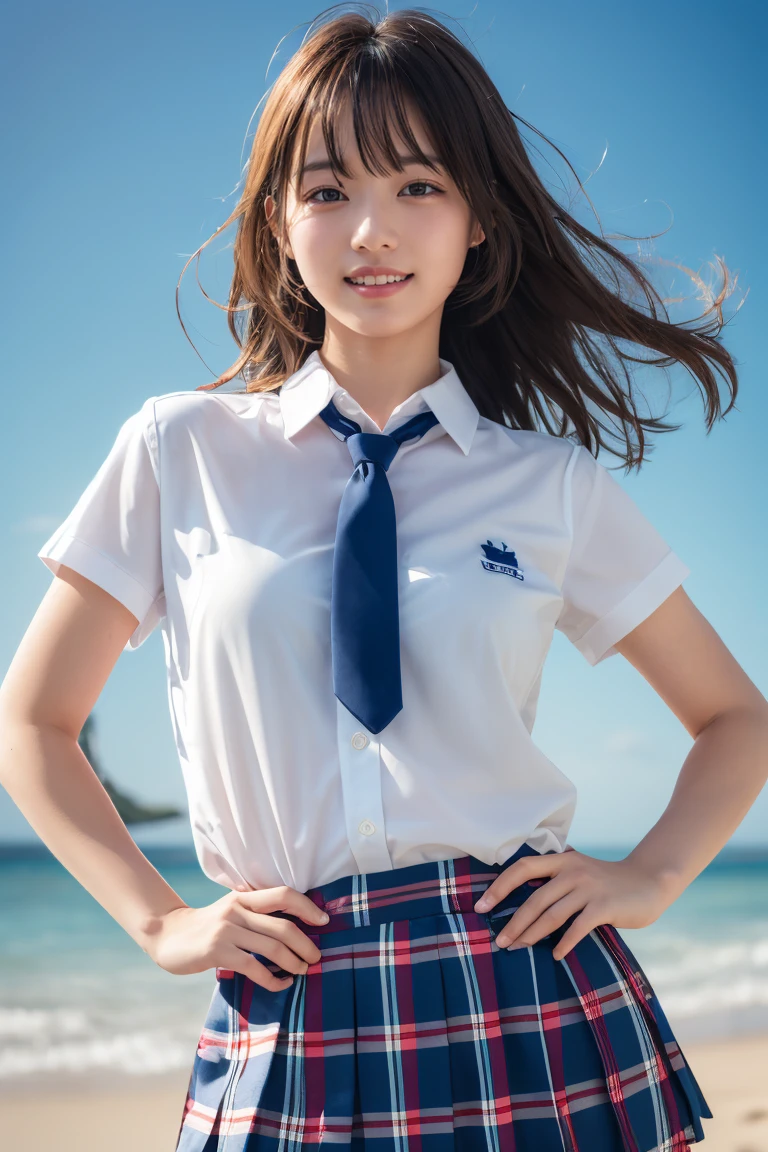 ((school uniform)),ribbon at neck,(school uniform and ((Plaid navy skirt)) and white shirt:1.1), Skin color, big , smile, (8k, RAW Photos, Highest quality, masterpiece:1.2), masterpiece, super detailed, super high quality, (Realistic and Realistic photography:1. 37), High-resolution RAW color photos, Very delicate and beautiful, highly detailed, 8k壁紙, wonderful, detailed, Very eye, very detailed, very detailed skin, very thin fingers, very detailed nose, very detailed mouth, Perfect Anatomy, Upper Body, studio, Soft lighting, A full-body shot of a cute idol wearing a one-piece swimsuit, Playful pose, Hands on hips, smile, Pastel Background, Realistic, Attention to detail, studio photography
