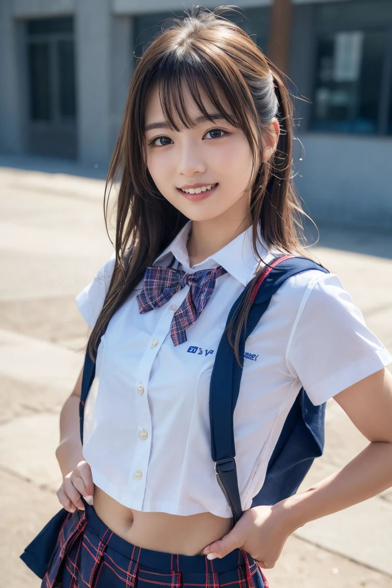 ((school uniform)),ribbon at neck,(school uniform and ((Plaid navy skirt)) and white shirt:1.1), Skin color, big , smile, (8k, RAW Photos, Highest quality, masterpiece:1.2), masterpiece, super detailed, super high quality, (Realistic and Realistic photography:1. 37), High-resolution RAW color photos, Very delicate and beautiful, highly detailed, 8k壁紙, wonderful, detailed, Very eye, very detailed, very detailed skin, very thin fingers, very detailed nose, very detailed mouth, Perfect Anatomy, Upper Body, studio, Soft lighting, A full-body shot of a cute idol wearing a one-piece swimsuit, Playful pose, Hands on hips, smile, Pastel Background, Realistic, Attention to detail, studio photography