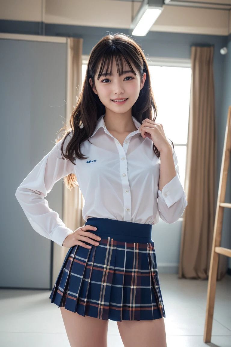 ((school uniform)),ribbon at neck,(school uniform and ((Plaid navy skirt)) and white shirt:1.1), Skin color, big , smile, (8k, RAW Photos, Highest quality, masterpiece:1.2), masterpiece, super detailed, super high quality, (Realistic and Realistic photography:1. 37), High-resolution RAW color photos, Very delicate and beautiful, highly detailed, 8k壁紙, wonderful, detailed, Very eye, very detailed, very detailed skin, very thin fingers, very detailed nose, very detailed mouth, Perfect Anatomy, Upper Body, studio, Soft lighting, A full-body shot of a cute idol wearing a one-piece swimsuit, Playful pose, Hands on hips, smile, Pastel Background, Realistic, Attention to detail, studio photography