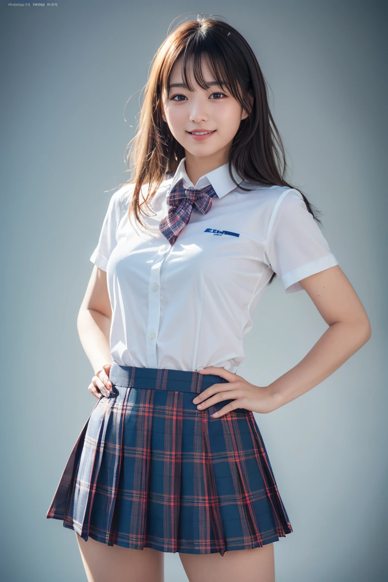 ((school uniform)),ribbon at neck,(school uniform and ((Plaid navy skirt)) and white shirt:1.1), Skin color, big , smile, (8k, RAW Photos, Highest quality, masterpiece:1.2), masterpiece, super detailed, super high quality, (Realistic and Realistic photography:1. 37), High-resolution RAW color photos, Very delicate and beautiful, highly detailed, 8k壁紙, wonderful, detailed, Very eye, very detailed, very detailed skin, very thin fingers, very detailed nose, very detailed mouth, Perfect Anatomy, Upper Body, studio, Soft lighting, A full-body shot of a cute idol wearing a one-piece swimsuit, Playful pose, Hands on hips, smile, Pastel Background, Realistic, Attention to detail, studio photography