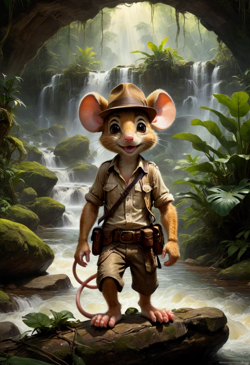 1boy, adventurous jungle explorer, Jungle Adventure, anthropomorphic cute little mouse dressed like "Indiana jones" riding in the saddle on large duck down rapids down mountain stream. saddle bags, bed roll, camping gear, in jungle insanely detailed matte painting by Wadim Kashin, James Gurney, 16k resolution, fine art, natural light, masterpiece, best quality, very aesthetic, absurdres