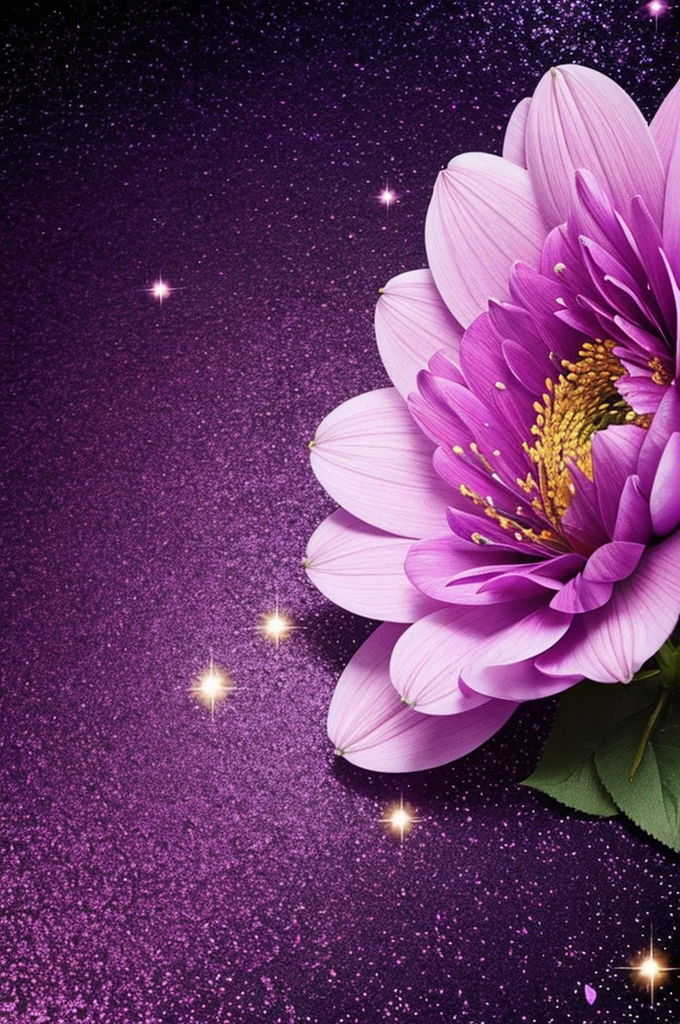 very beautiful flower of a deep purple color with petals outlined in glitter, and the edges shaded with glitter. The background should be white, creating a very picturesque image."