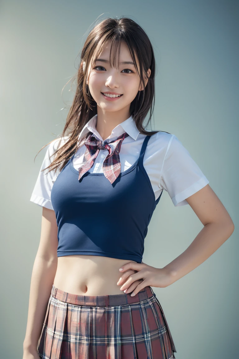 ((school uniform)),ribbon at neck,(school uniform and ((Plaid navy skirt)) and white shirt:1.1), Skin color, big , smile, (8k, RAW Photos, Highest quality, masterpiece:1.2), masterpiece, super detailed, super high quality, (Realistic and Realistic photography:1. 37), High-resolution RAW color photos, Very delicate and beautiful, highly detailed, 8k壁紙, wonderful, detailed, Very eye, very detailed, very detailed skin, very thin fingers, very detailed nose, very detailed mouth, Perfect Anatomy, Upper Body, studio, Soft lighting, A full-body shot of a cute idol wearing a one-piece swimsuit, Playful pose, Hands on hips, smile, Pastel Background, Realistic, Attention to detail, studio photography