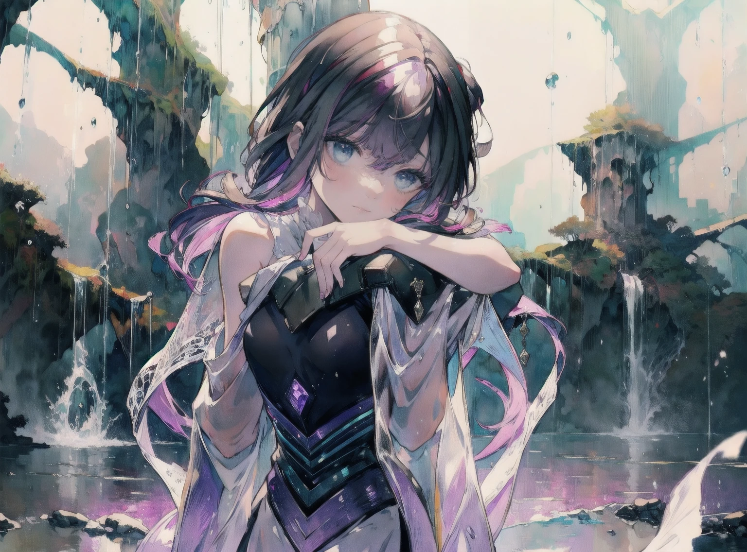 Light ink drawing，Two girls touching lips，A girl with purple hair，Transparent purple eyes，Another girl with yellow hair，Clear blue eyes，Medieval Lolita Style Clothing，Sit and hug，Look at each other affectionately，Cool，Violet，iris，Sunshine，Surrounded by greenery，Transparent stream flowing，Tyndall effect，Light up the fire，starlight：1.8，Clear shape，Detailed description of appearance：Perfect beautiful clear appearance，Normal human body，Transparent colors，Transparent green，Light color strokes，{{{Transparent color：3.3}}}softbrush：1.8，Transparent character details，Perfect light color，pure，Transparent colors，greenish blue，suspended congress, face focus, standing, hug, leg lock, breast press,straddling,arms around neck, lifting person， {{best quality}},{{Masterpiece:1.2}},lens flare,{{extremely detailed CG}},extremely detailed character,{an extremely delicate and beautiful},portrait,beautiful moving focus,dynamic angle,extreme detailed illustration,((extremely detailed eyes and face)),cinematic lighting,amazing,beautiful detailed sky,highly detailed,ultra detailed,acrylic painting,original,intricate detail