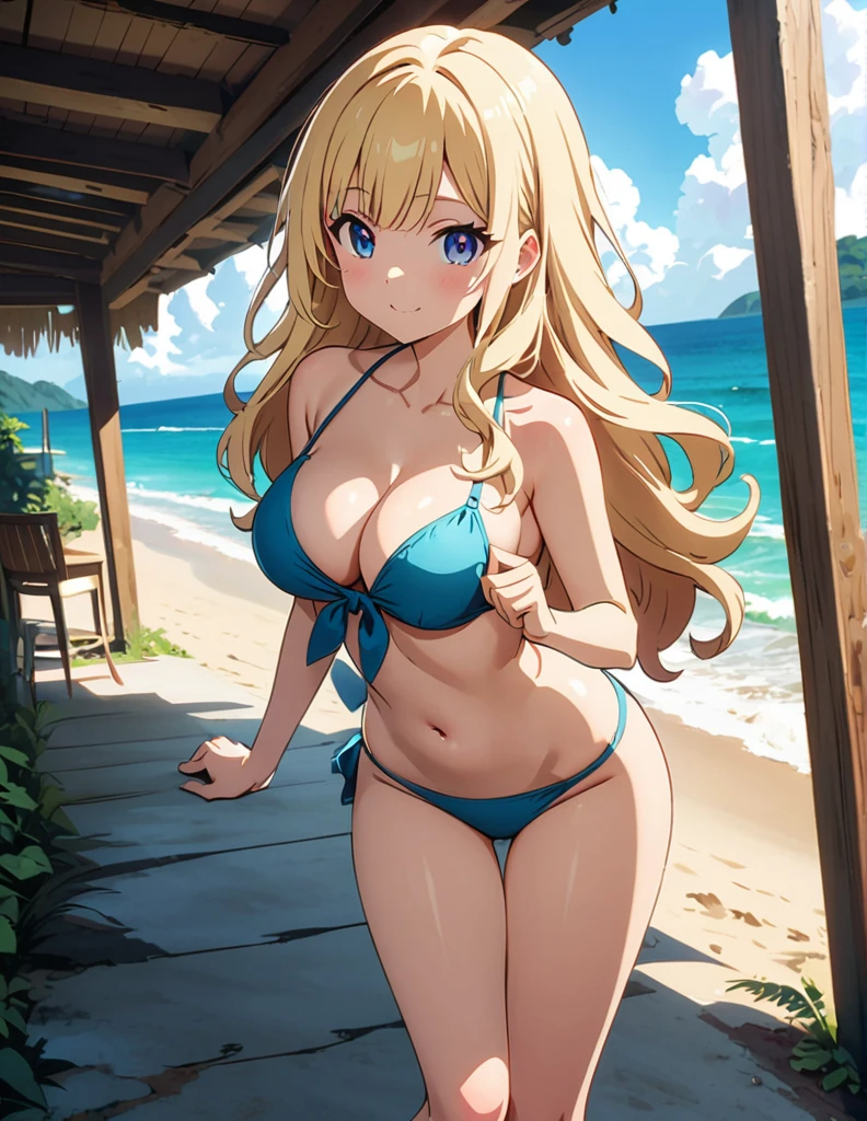 (anime artwork, anime style, studio anime, very detailed, up to date, vibrant, Anime Coloring, high contrast, masterpiece:1.2, best quality, best aesthetics),1 girl,hug from behind,bikini, Medium chest,random hair, One eye is hidden by the bangs, perfect proportions, high detail skin, Cute, detailed faces,beach, precise fingers,curvy,adjusting bikini, from behind, looking back,full body, 