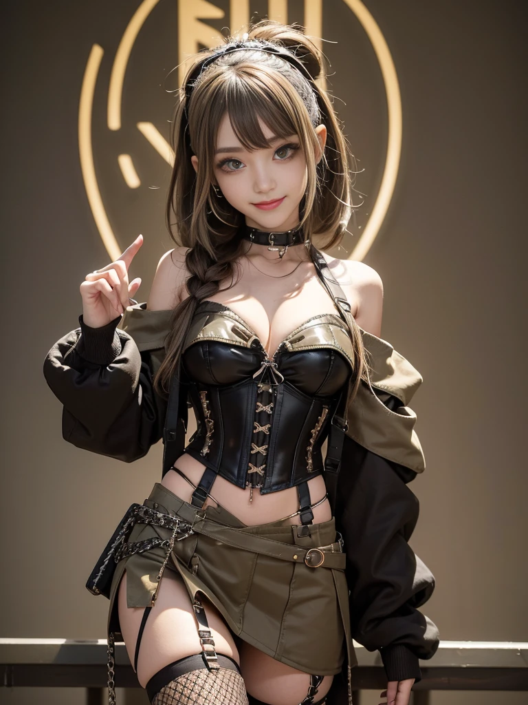 (Smiling with teeth showing:1.3),(Shibuya Gal:1.5)、(Underground idol costume:1.5)、(Neo-goth fashion:1.5)、(Punk RockVisual Kei:1.5)、(An off-the-shoulder hoodie in khaki and brown with delicate silver accessories.:1.5)、(A corset with a delicate beige and brown design:1.4)、(Dark grey, khaki and brown snakeskin bodysuit:1.5)、(Snake print headband:1.3)、(Beige and charcoal knee socks:1.4)、Embellished collar and long boots、(I'm selling snake print underwear.:1.4)、(Long eyelashes:1.3)、(20-year-old)、((Highest quality、8k、masterpiece:1.3))、1 Female、Slim and beautiful abs:1.3、(hairstyle casual、Beautiful boobs:1.1)、(Doing an aerobics pose:1.3)、dress:1.1、Super small face、Narrow eyes、double eyelid、A sloppy smile、Esbian all over body、Dynamic Angle、Close-up、CPL Filter、Blurred Background、Bokeh、Blue Hour、Detailed face and skin texture、Detailed eyes、,(Twin tails:1.3)、(Black brown hair:1.3)、Gravure idol、(The background is a glamorous dance hall:1.3)、(Make your legs thinner:1.4)、(Slim Body:1.3)、(clavicle:1.1)