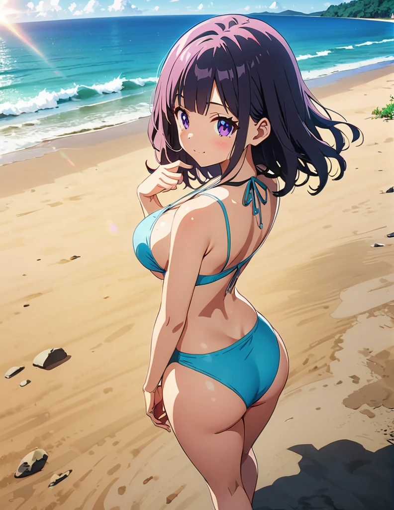 (anime artwork, anime style, studio anime, very detailed, up to date, vibrant, Anime Coloring, high contrast, masterpiece:1.2, best quality, best aesthetics),1 girl,hug from behind,bikini, Medium chest,random hair, One eye is hidden by the bangs, perfect proportions, high detail skin, Cute, detailed faces,beach, precise fingers,curvy,adjusting bikini, from behind, looking back,full body,