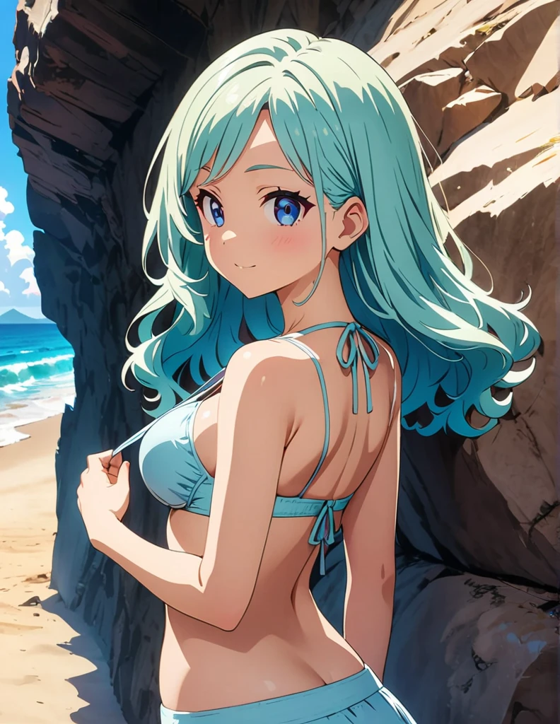 (anime artwork, anime style, studio anime, very detailed, up to date, vibrant, Anime Coloring, high contrast, masterpiece:1.2, best quality, best aesthetics),1 girl,hug from behind,bikini, Medium chest,random hair, One eye is hidden by the bangs, perfect proportions, high detail skin, Cute, detailed faces,beach, precise fingers,curvy,adjusting bikini, from behind, looking back,full body, 