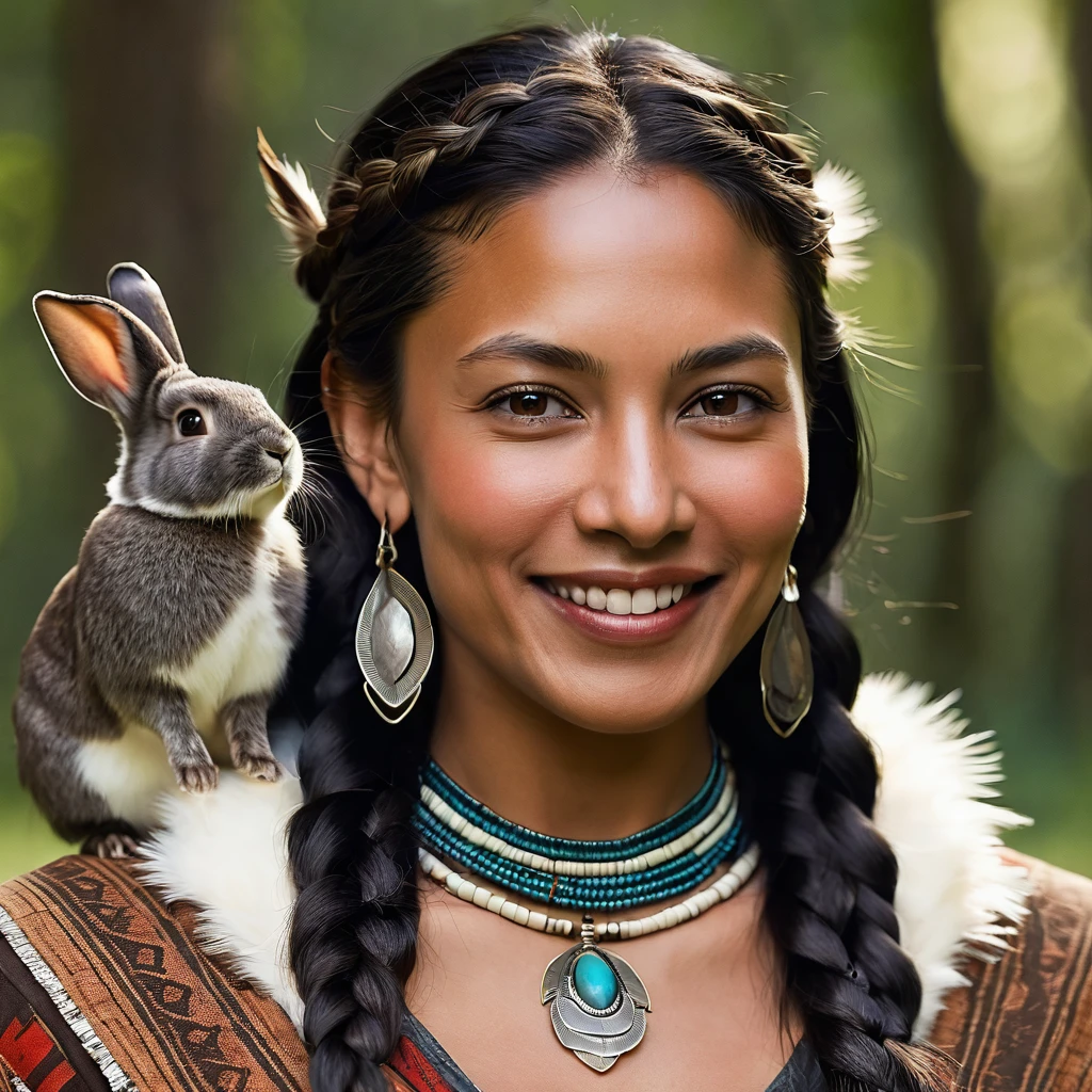 Realistic image of a smiling woman, alone, with long hair, looking at the viewer, black hair, brown eyes, jewelry, braid, earrings, dark skin, necklace, mole, dark-skinned woman, lips, feathers, native american shamen fantasy, cocar centralizado,rosto pintado,Strobe,Auroracore, Bobina de Tesla. sitting on the green grass in the forest trees with her rabbits