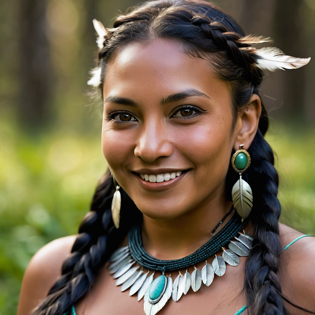 Realistic image of a smiling woman, alone, with long hair, looking at the viewer, black hair, brown eyes, jewelry, braid, earrings, dark skin, necklace, mole, dark-skinned woman, lips, feathers, native american shamen fantasy, cocar centralizado,rosto pintado,Strobe,Auroracore, Bobina de Tesla. sitting on the green grass in the forest trees with her rabbits