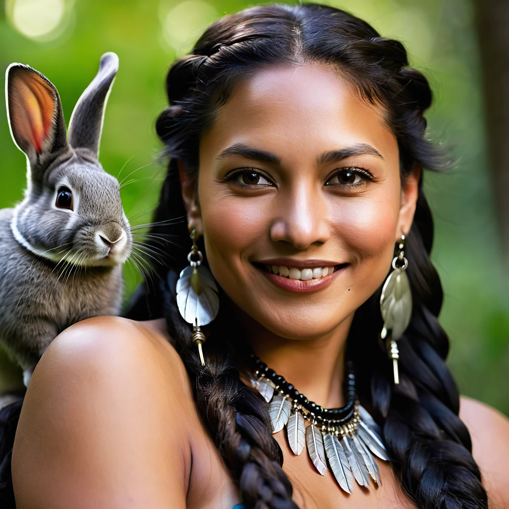 Realistic image of a smiling woman, alone, with long hair, looking at the viewer, black hair, brown eyes, jewelry, braid, earrings, dark skin, necklace, mole, dark-skinned woman, lips, feathers, native american shamen fantasy, cocar centralizado,rosto pintado,Strobe,Auroracore, Bobina de Tesla. sitting on the green grass in the forest trees with her rabbits