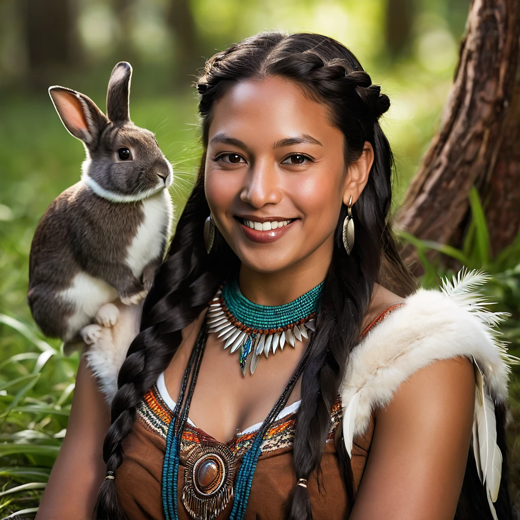 Realistic image of a smiling woman, alone, with long hair, looking at the viewer, black hair, brown eyes, jewelry, braid, earrings, dark skin, necklace, mole, dark-skinned woman, lips, feathers, native american shamen fantasy, cocar centralizado,rosto pintado,Strobe,Auroracore, Bobina de Tesla. sitting on the green grass in the forest trees with her rabbits