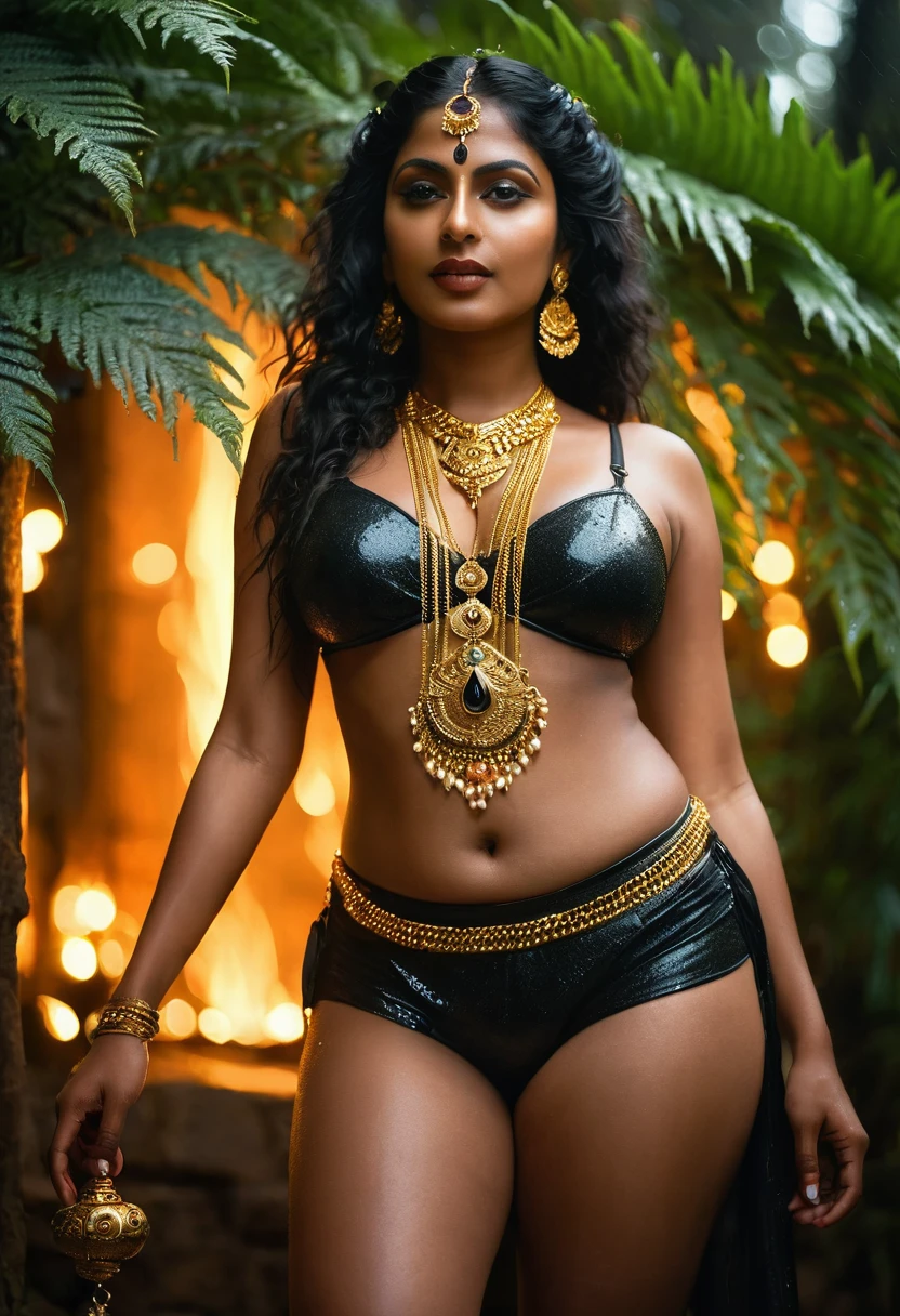 busty dark skinned kali durga, (((ancient kerala mature goddess ))), blackmagic, ((((black glowing fern)))), fantasy temple, (((black kali devi))) , ((((((wicked posing))))))), (((((((((gold thigh chain straps))))))))), spreading legs, blue glowing fairy flying around, dancing (((very dark ebony))), (((80 years old))), (((curvaceous thick))), ((volume lights))), (((huge tubular boobs))), ((( thick thigh))), (((ancient black panties))), ((plumperpass)), (((black ornaments))), (((depth of field))), ((( flame bokeh))), (((rain))), ((( flashing light leaks))), (((divine))), photorealistic,photo, realism, Getty Images, RAW candid cinema, 16mm, colour graded portra 400 film, remarkable colour, ultra realistic, textured skin, remarkable detailed pupils, realistic dull skin noise, visible skin detail, skin fuzz, dry skin, shot with cinematic,light leaks, RAW Image, DOF, depth of field,bokeh, ImgFixerPre0.3