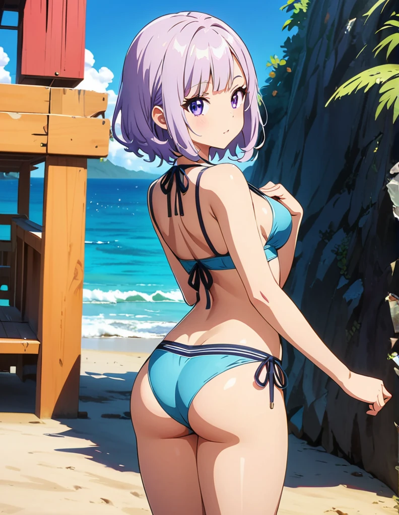 (anime artwork, anime style, studio anime, very detailed, up to date, vibrant, Anime Coloring, high contrast, masterpiece:1.2, best quality, best aesthetics),1 girl,hug from behind,bikini, Medium chest,random hair, One eye is hidden by the bangs, perfect proportions, high detail skin, Cute, detailed faces,beach, precise fingers,curvy,adjusting bikini, from behind, looking back,full body,