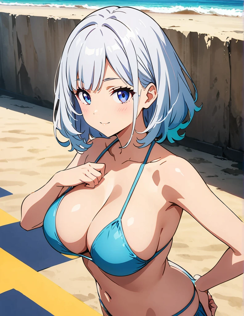 (anime artwork, anime style, studio anime, very detailed, up to date, vibrant, Anime Coloring, high contrast, masterpiece:1.2, best quality, best aesthetics),1 girl,hug from behind,bikini, Medium chest,random hair, One eye is hidden by the bangs, perfect proportions, high detail skin, Cute, detailed faces,beach, precise fingers,curvy,adjusting bikini, from behind, looking back,full body,