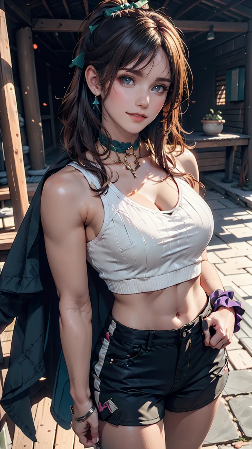 Martina,Purple eyes, Purple Hair, Very long hair, ponytail, Hair Scrunchie, Green choker, O-ring top, Tank top, No sleeve, West Cape, Black shorts, Green Zone, boots,fc portrait  、24-year-old woman、Sexy proportionature female body、Sexy proportionakeup、hair band((hair ribbon))、Textured skin((textured skin))、smile、Narrow waist