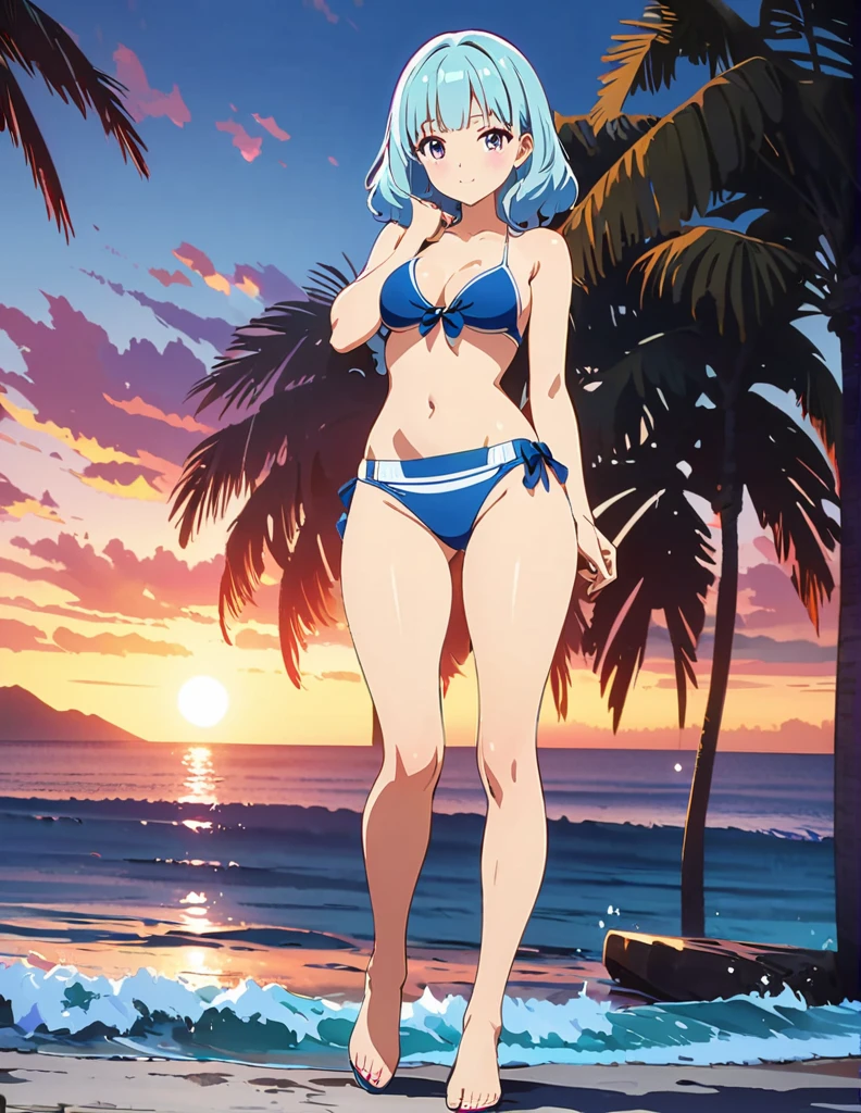 (anime artwork, anime style, studio anime, very detailed, up to date, vibrant, Anime Coloring, high contrast, masterpiece:1.2, best quality, best aesthetics),1 girl,hug from behind,bikini, Medium chest,random hair, One eye is hidden by the bangs, perfect proportions, high detail skin, Cute, detailed faces,beach, precise fingers,curvy,adjusting bikini, from behind, looking back,full body,