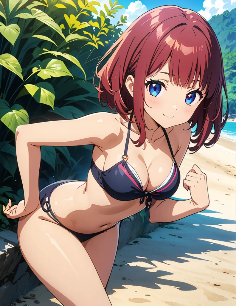 (anime artwork, anime style, studio anime, very detailed, up to date, vibrant, Anime Coloring, high contrast, masterpiece:1.2, best quality, best aesthetics),1 girl,hug from behind,bikini, Medium chest,random hair, One eye is hidden by the bangs, perfect proportions, high detail skin, Cute, detailed faces,beach, precise fingers,curvy,adjusting bikini, from behind, looking back,full body,