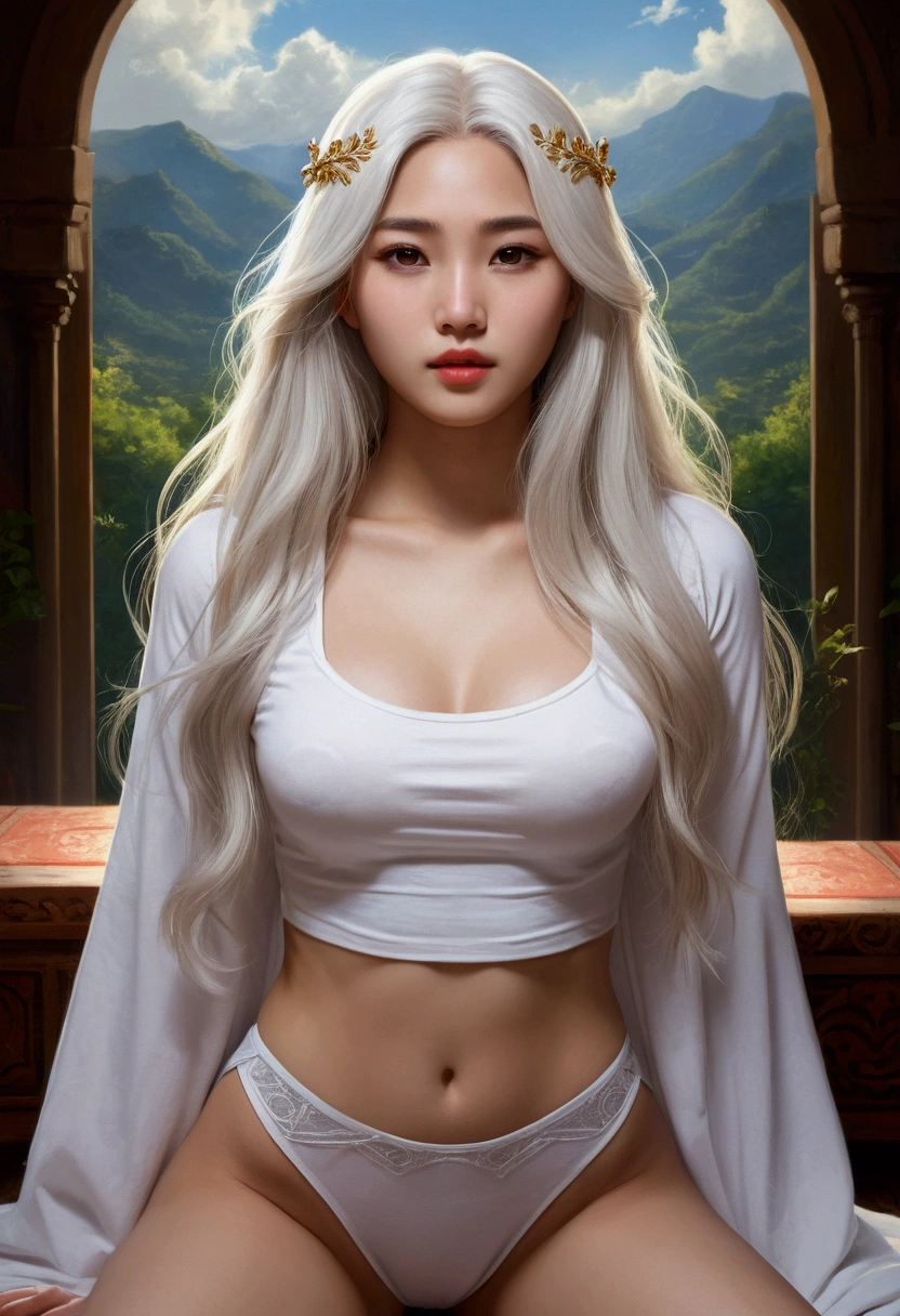 Asiatic Beautiful Girl: She is 18 years old, with long white hair, depicted in an oil painting style. She has a beautiful perfect face with soft skin and light white and red hues added. She has two small white streaks on her cheeks, white eyes, and a cute face. She is wearing a white crop top and a small white short, showcasing her very large chest, with white panties visible. The background is mysterious and magical, depicted in complex details and 8k resolution, creating a masterpiece. She is kneeling with her arms lowered, a slightly dejected expression on her face, one arm reaching out towards the camera, and her mouth open. The view is from a distance, emphasizing her submissive and ethereal appearance, with a halo floating above her head.
