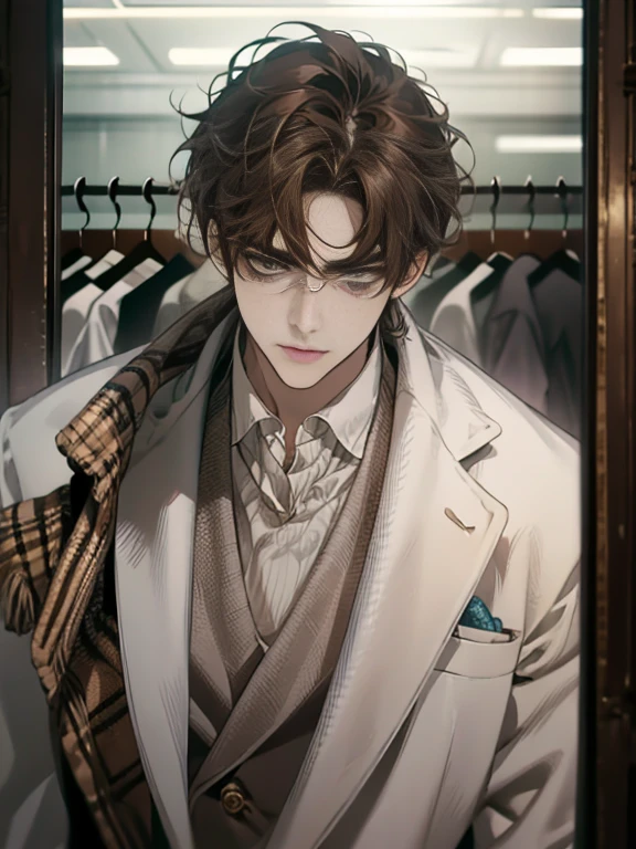 work of art, best qualityer, realisitic, 1 person, mature man, quiet and charming young man, age 25, serious look, cloused mouth, portraite, extreme detailed face, cold smile, ((dark gray eyes)), ((Straight Sweep Short Dark Brown Hair)), [thick eyebrows], ((Suit)), bonitas, lesbian full body, western, Jewish, light brown skin,Stand in front of the mirror，Organize your clothes