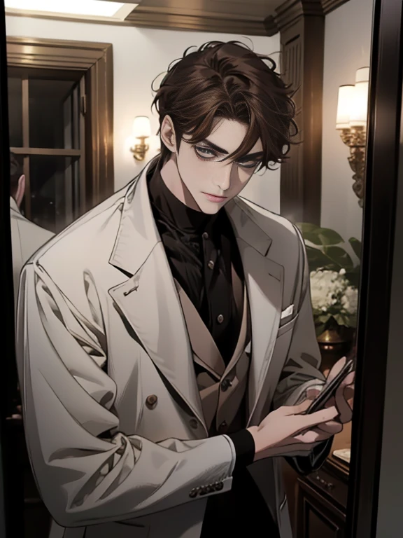 work of art, best qualityer, realisitic, 1 person, mature man, quiet and charming young man, age 25, serious look, cloused mouth, portraite, extreme detailed face, cold smile, ((dark gray eyes)), ((Straight Sweep Short Dark Brown Hair)), [thick eyebrows], ((Suit)), bonitas, lesbian full body, western, Jewish, light brown skin,Stand in front of the mirror，Organize your clothes