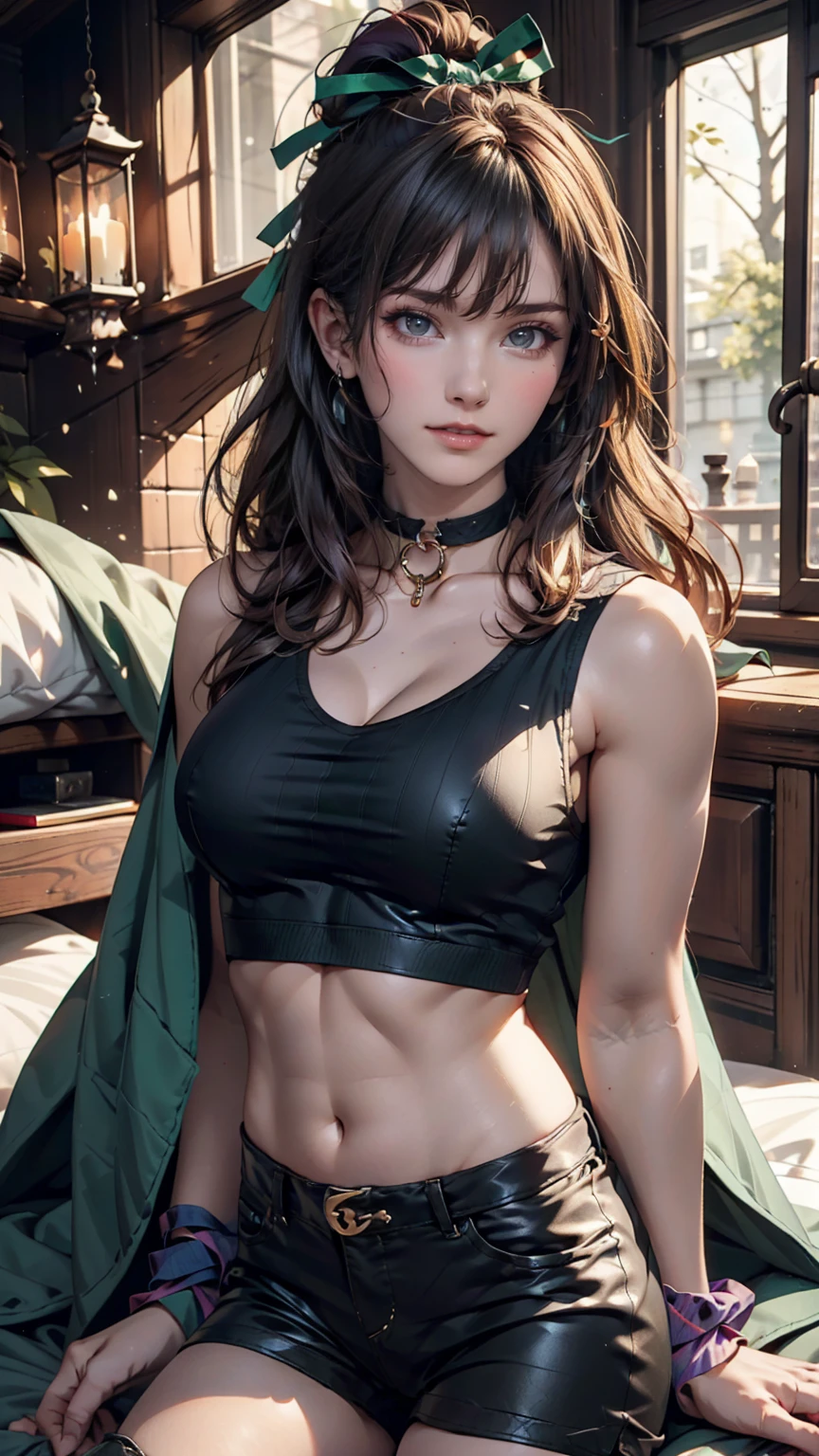Martina,Purple eyes, Purple Hair, Very long hair, ponytail, Hair Scrunchie, Green choker, O-ring top, Tank top, No sleeve, West Cape, Black shorts, Green Zone, boots,fc portrait 、24-year-old woman、Sexy proportionature female body、Sexy proportionakeup、hair band((hair ribbon))、Textured skin((textured skin))、smile、Narrow waist