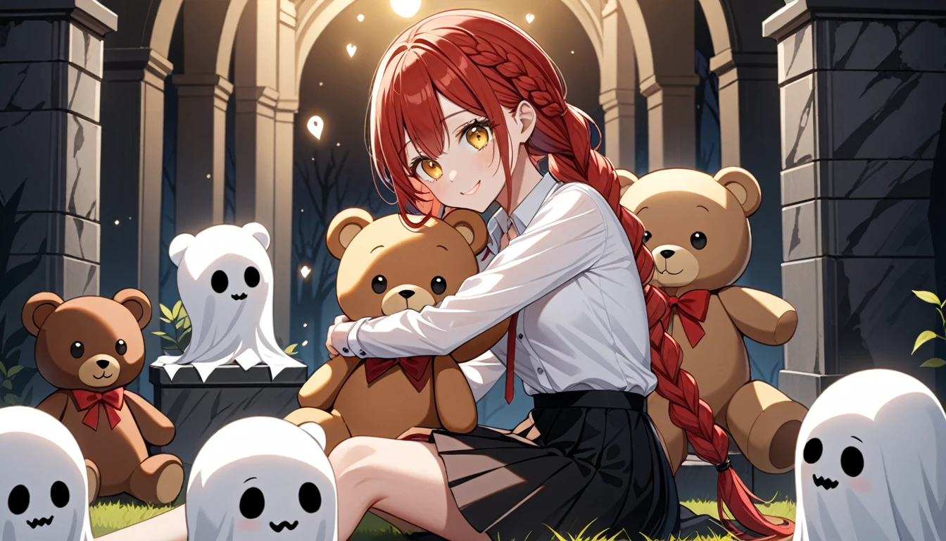 hand, hand, long hair, รอยsmile, smooth, small breasts, (yellow eyes:1.2), long hair, red hair, braided ponytail, big eyes,นั่วHug a teddy bear,sexy,full body,Sitting position,Hug a teddy bear,smile,flirt,grave background,ghost,วิญญาณ
Take a break shirt, long sleeve, white shirt, dress shirt, skirt, black skirt, It's official., suit, black nightie, lady,
Take a break (Masterpiece:1.2), best quality, high resolution, Harmony wallpaper 8K, (illustration:0.8), (Beautifully detailed eyes:1.6), Very detailed face, perfect lighting, The CG is very detailed., (handที่สมบูรณ์แบบ, perfect anatomy),