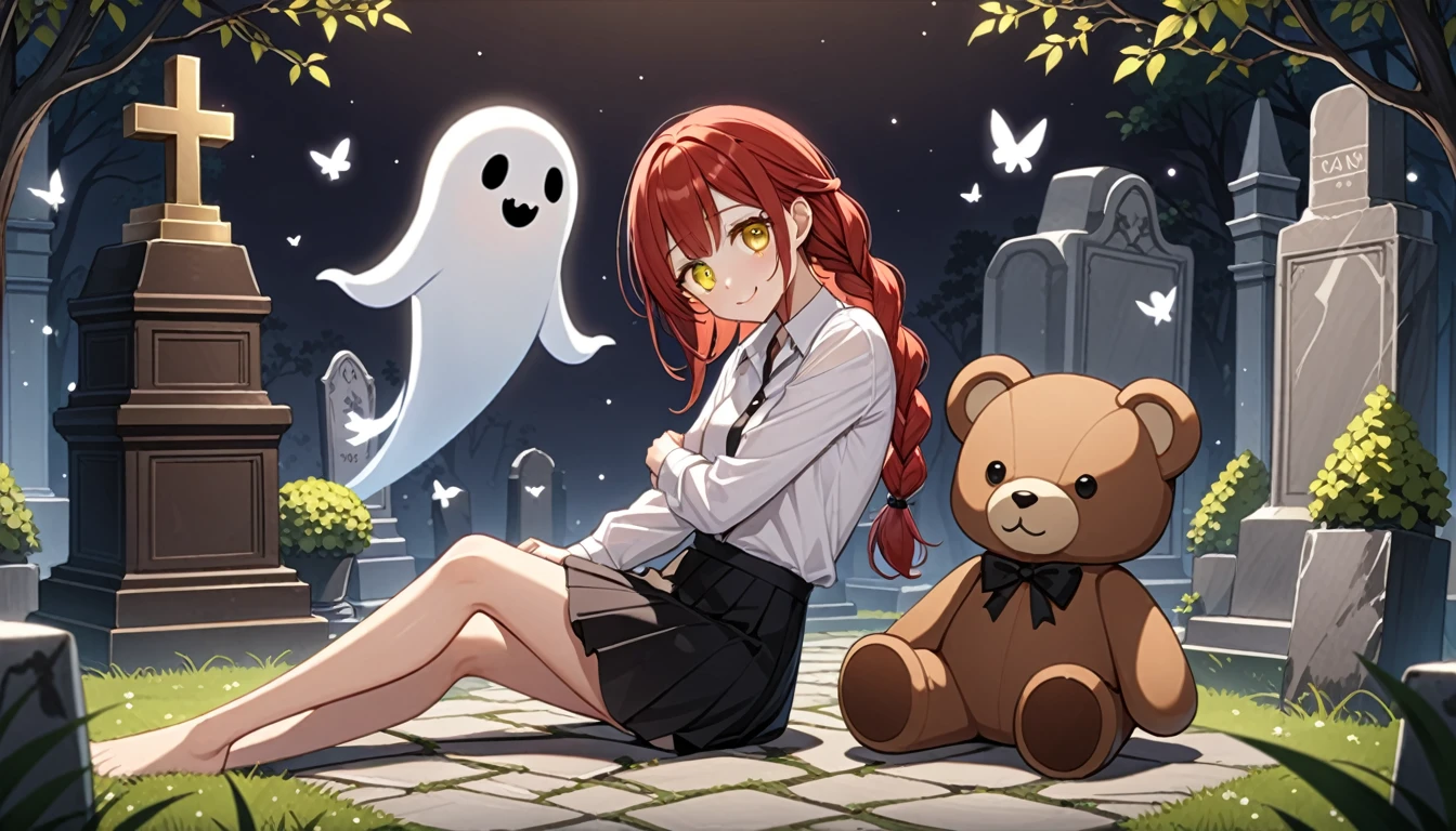 hand, hand, long hair, รอยsmile, smooth, small breasts, (yellow eyes:1.2), long hair, red hair, braided ponytail, big eyes,นั่วHug a teddy bear,sexy,full body,Sitting position,Hug a teddy bear,smile,flirt,grave background,ghost,วิญญาณ
Take a break shirt, long sleeve, white shirt, dress shirt, skirt, black skirt, It's official., suit, black nightie, lady,
Take a break (Masterpiece:1.2), best quality, high resolution, Harmony wallpaper 8K, (illustration:0.8), (Beautifully detailed eyes:1.6), Very detailed face, perfect lighting, The CG is very detailed., (handที่สมบูรณ์แบบ, perfect anatomy),