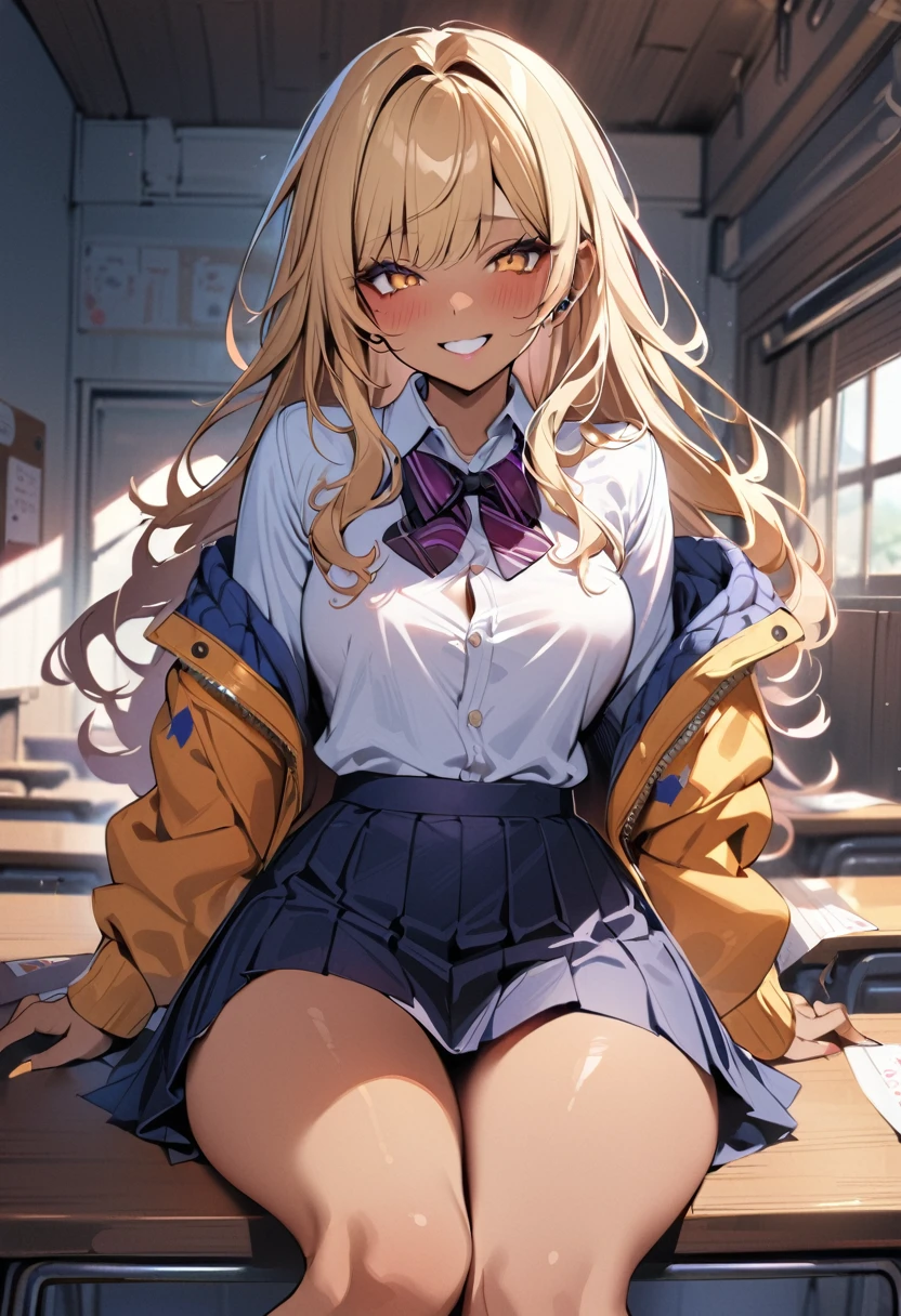 1 girl, japanese girl, longhair, blonde hair, wave hair, mascara, tan skin, dark skin, double teeth, piercing, blush, seducitive smile, grin, 
BREAK (masterpiece), (high resolution 8K), detailed eyes and face, detailed body,
BREAK  , jacket, white shirt, bowtie, navy skirt, pleated skirt, navy high socks, thighs, in class room, sitting on desk,