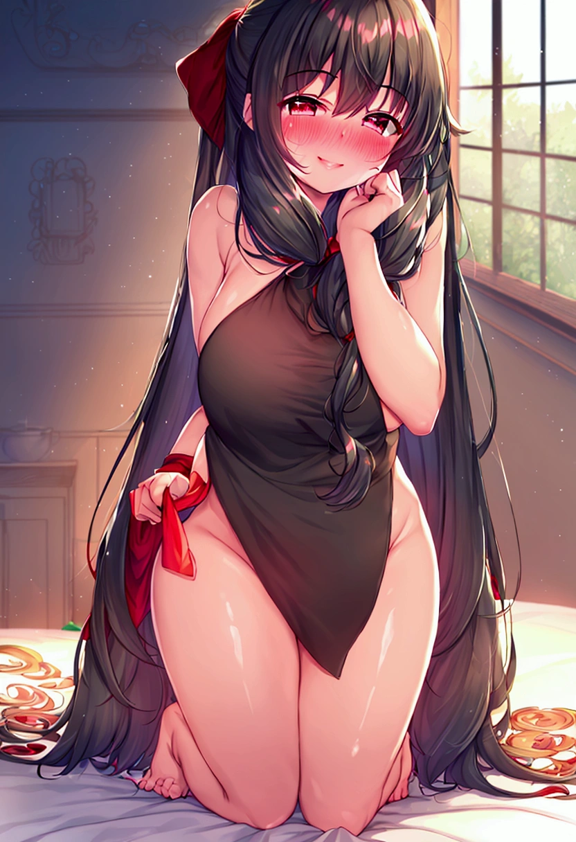 (Best Quality:1.3), (4K quality), Good composition, bright green light, Whole body, headrest, Lips, (pretty face, Long hair tied low, ((red_eyes:1.3)), (day:1.2),Yor, (smile) ,(((blush))))), ((large udder)), gray skin, long length black hair, naked, big breasts, sexy sagging body, in the living room.