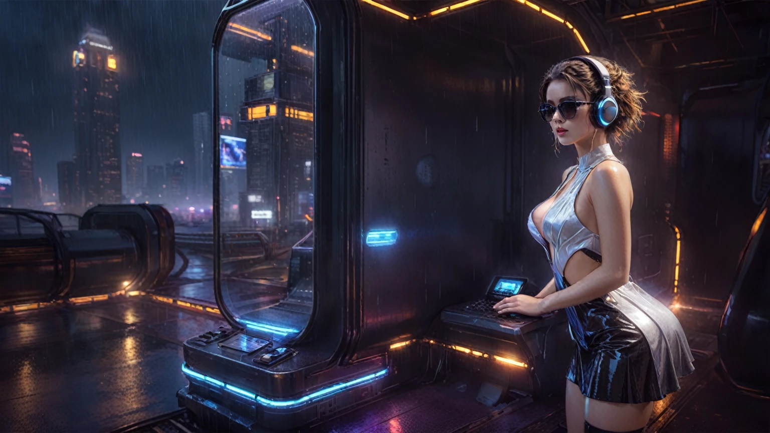 (((aerial view))), Blade Runner style futuristic railway platform, hi-tech train, neon lights, rainy night. (1girl, solo, alone), large-breast:1.2 slim body, cleavage:1.1, sexy wind blowing wet dress:1.4, headphone, (micro:0.8 black sunglasses), ((((((she raised a pistol:1.8 and shot:1.8 the viewer))))), dynamic pose, (((half-body thigh level medium shot))), cinematic lighting, lens flare, ray tracing, blurred:1.4 background.