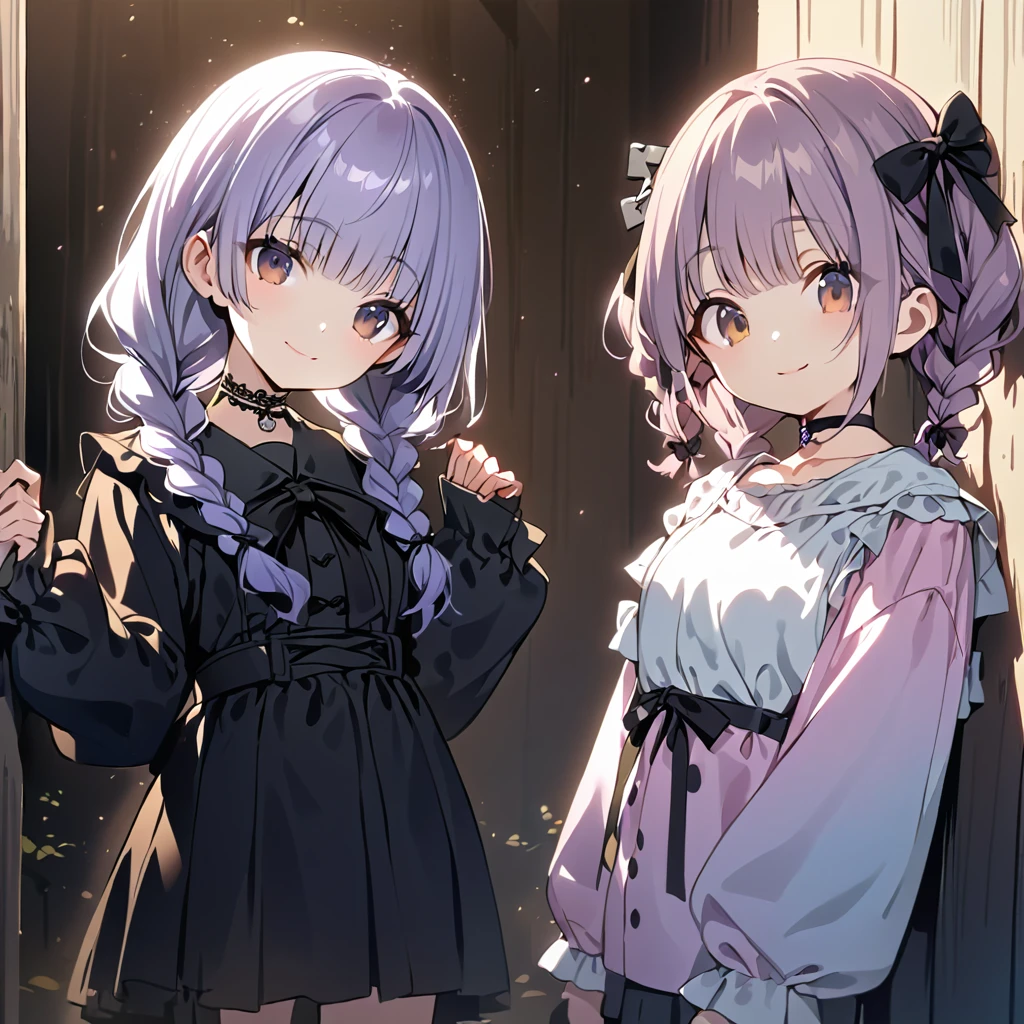 (Cute 2girls:1.5), (one girl with silver middle hair, Hair between the eyes, brown eyes, white T-shirt.jeans short pants:1.4),BRAKE, (other girl with closs hair pin, pale purple hair, wavy two braids, blunt bangs hair, green and black eyes, closs hair pin,
pink shirt,cosplay, jirai kei, bangs, black skirt, black bow, looking at viewer, bow, long sleeves, choker, ribbon:1.4),anime visual, (tilt head:1.3), realistic lighting and shading, (an extremely delicate and beautiful art:1.3),cowboy shot,smilng,