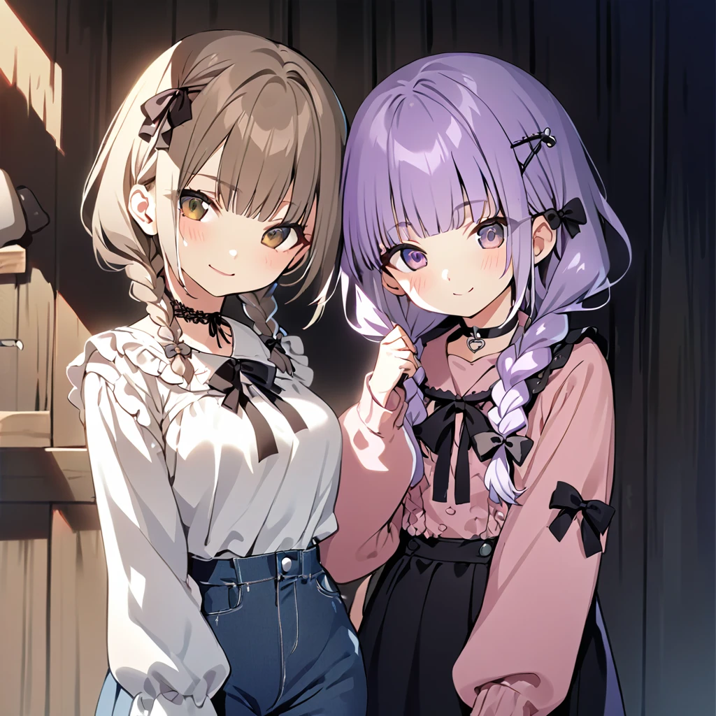  (Cute 2girls:1.5), (one girl with silver middle hair, Hair between the eyes, brown eyes, white T-shirt.jeans short pants:1.4),BRAKE, (other girl with closs hair pin, pale purple hair, wavy two braids, blunt bangs hair, green and black eyes, closs hair pin,
pink shirt,cosplay, jirai kei, bangs, black skirt, black bow, looking at viewer, bow, long sleeves, choker, ribbon:1.4),anime visual, (tilt head:1.3), realistic lighting and shading, (an extremely delicate and beautiful art:1.3),cowboy shot,smilng,