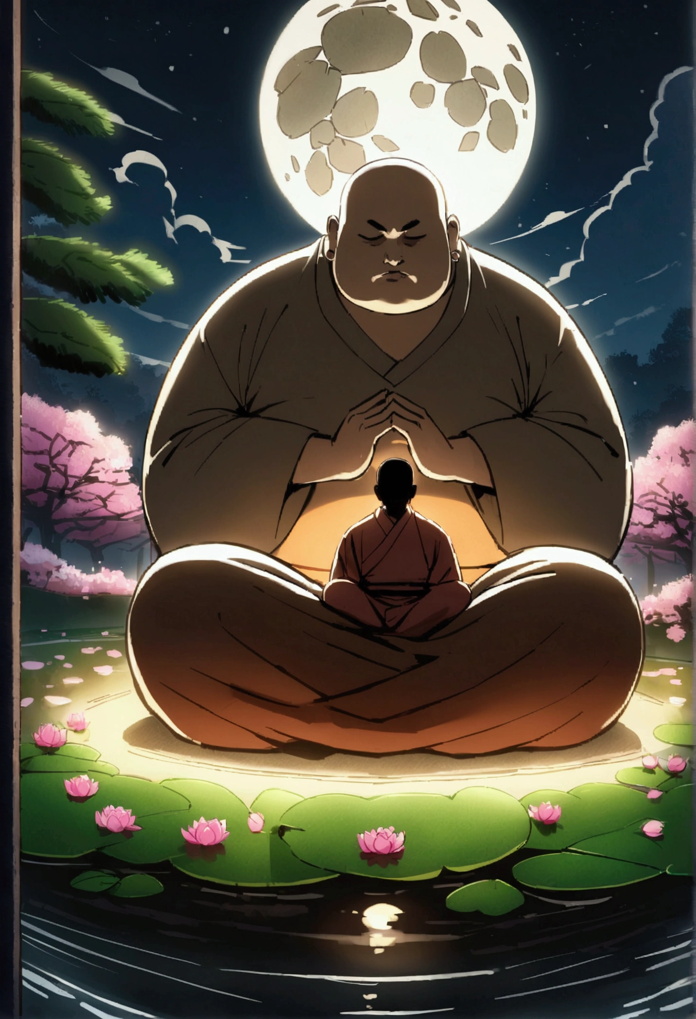 A slightly overweight monk is meditating, Cherry blossom garden at night, Full moon and lotus, close your eyes、The Buddha is watching、One Punch Man、Round sunglasses、Genuine、4K