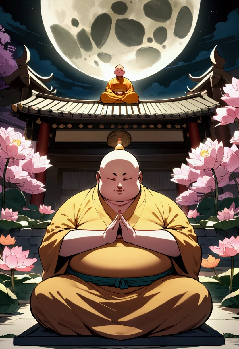 A slightly overweight monk is meditating, Cherry blossom garden at night, Full moon and lotus, close your eyes、The Buddha is watching、One Punch Man、Round sunglasses、Genuine、4K