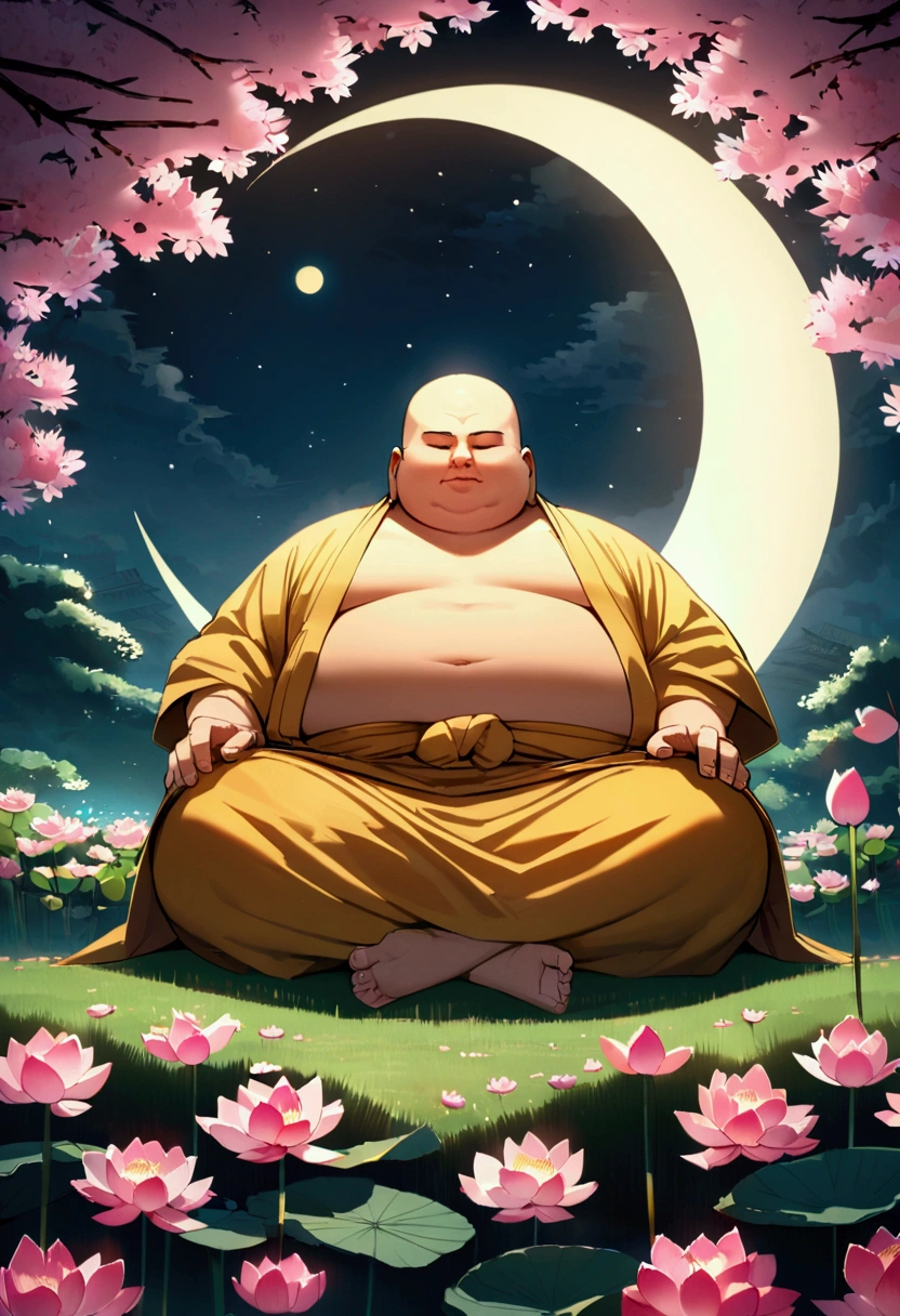 A slightly overweight monk is meditating, Cherry blossom garden at night, Full moon and lotus, close your eyes、The Buddha is watching、One Punch Man、Round sunglasses、Genuine、4K