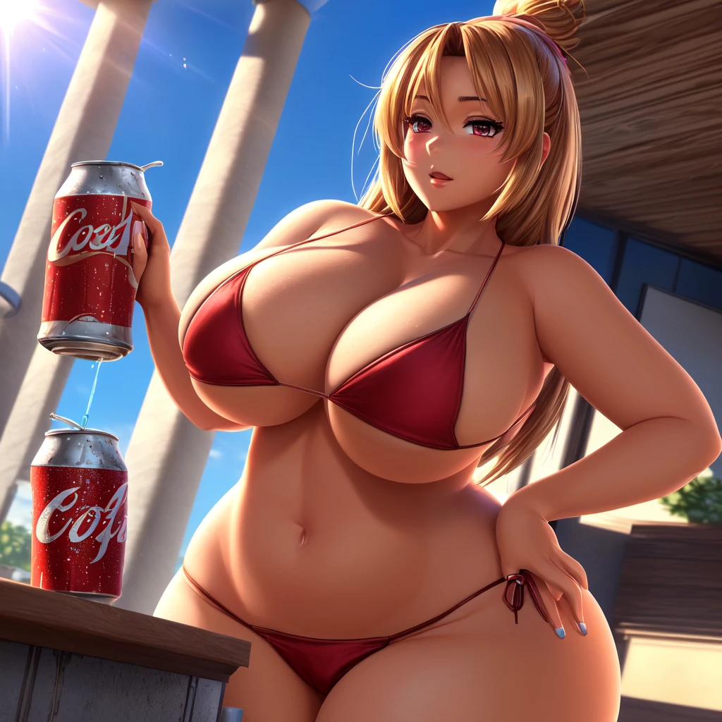 ((lovely anime girl with a beautiful mature face with a perfect figure "hourglass", large breasts and hips, she is wearing a revealing bikini, she tilted her head up and drinks a can of soda, the drink flows down her body)), ((in detail down to the smallest detail, ultra realistic 8k graphics, beautiful contrasting lighting, Best quality))