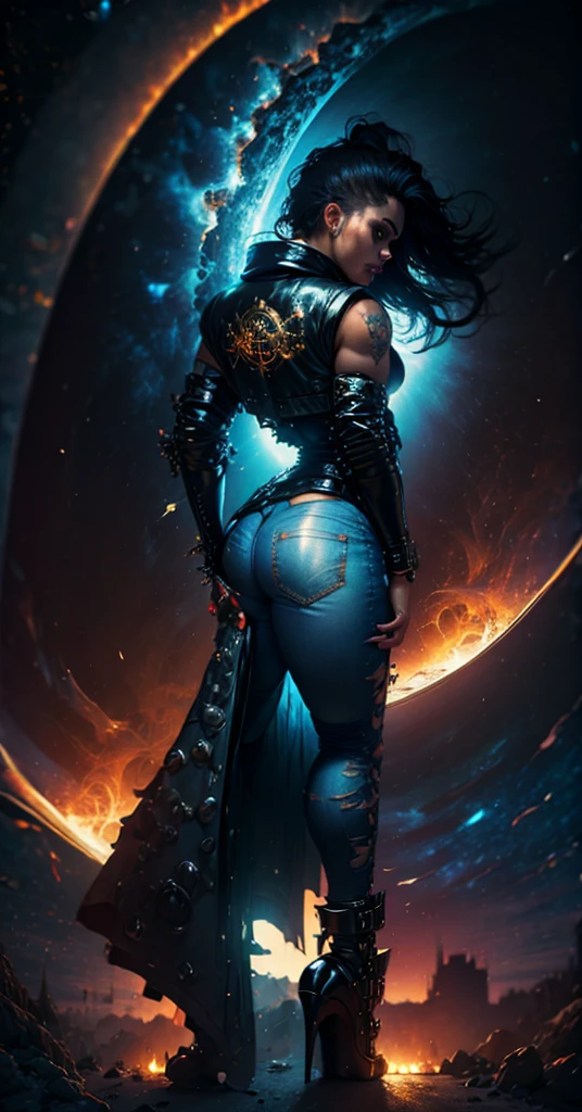 Tall Tough tattooed 40yo latina biker chick, Adult Model Daisy Marie with two strong legs dancing swirling twirling almost collapsing on Saturn's moon Calisto, looking like a creation that could actually survive there, wearing black leather graphics jacket and long leather-like denim dress that touches the ground split in the middle for riding, magic, art, wind, wind blown, spark, lightshow, fireflies, watching the rise of the distant Sun, with Saturn fully visible in the foreground, 36k resolution Kodak professional photography, hyperdetailed, Waiting to start