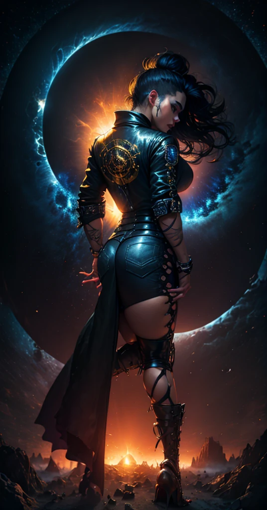 Tall Tough tattooed 40yo latina biker chick, Adult Model Daisy Marie with two strong legs dancing swirling twirling almost collapsing on Saturn's moon Calisto, looking like a creation that could actually survive there, wearing black leather graphics jacket and long leather-like denim dress that touches the ground split in the middle for riding, magic, art, wind, wind blown, spark, lightshow, fireflies, watching the rise of the distant Sun, with Saturn fully visible in the foreground, 36k resolution Kodak professional photography, hyperdetailed, Waiting to start