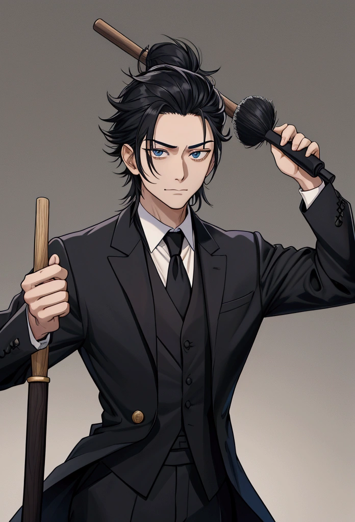 lawyer He is wearing a black suit and has his arm raised and holding a mallet in his hand.。A servile, dissatisfied face looking diagonally upwards Her hair is black and short on both sides, but the top is cut with a long brush, and tilted forward. 背景は裁判所のlawyer用の席 36-year-old male