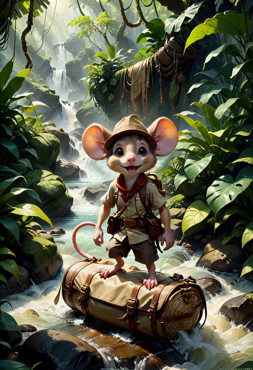 1boy, adventurous jungle explorer, Jungle Adventure, anthropomorphic cute little mouse dressed like "Indiana jones" riding in the saddle on large duck down rapids down mountain stream. saddle bags, bed roll, camping gear, in jungle insanely detailed matte painting by Wadim Kashin, James Gurney, 16k resolution, fine art, natural light, masterpiece, best quality, very aesthetic, absurdres