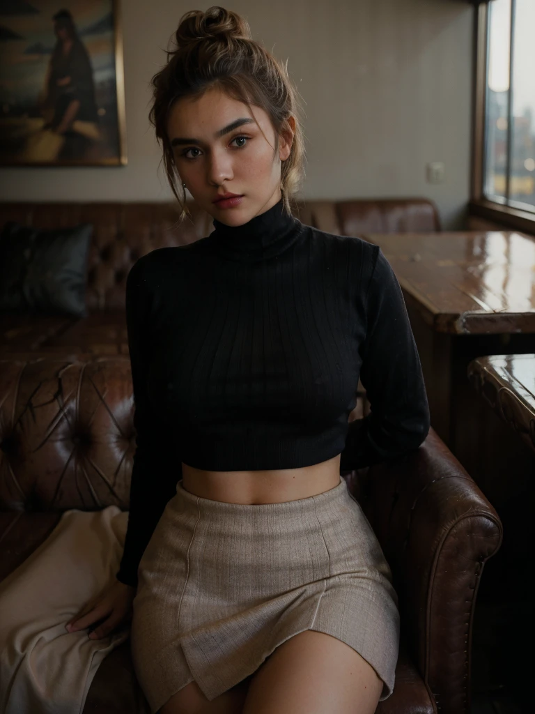 (full body shot:1.3), Best quality, 20y, (chubby:1.2), 1girl, kazakh, wearing sweater and skirt, big breast, (sexy:1.2) (messy bun hairstyle:1.2), hair blowing in the wind, moody, deep shadow, (dramatic posing:1.2), sofa, in vintage bar, detailed face and eyes, (perfect object:1.2), portra 400, (cinematic dark lighting:1.3), (ultra highres;1.3), highly detailed:1.3), masterpiece, (sharp focus:1.2), beautiful film bokeh, (surreal view:1.5), candid style, shot by zenit camera with 35mm lens, Portrait by annie leibovitz