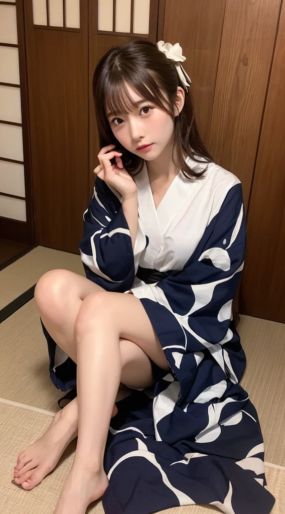 Highest quality, figure, Super detailed, In detail, High resolution, 8k wallpaper, Perfect dynamic composition, Beautiful attention to detail, Japanese Beauty、Brown Hair、Pitch-Dark Room、Japanese-style room、Yukata at a Ryokan、barefoot、White panties、Yukata comes off、Sleeping on your back、Spread your legs