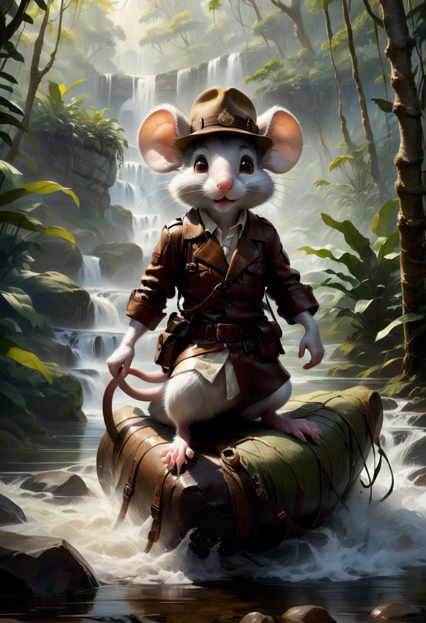 1boy, adventurous jungle explorer, Jungle Adventure, anthropomorphic cute little mouse dressed like "Indiana jones" riding in the saddle on large duck down rapids down mountain stream. saddle bags, bed roll, camping gear, in jungle insanely detailed matte painting by Wadim Kashin, James Gurney, 16k resolution, fine art, natural light, masterpiece, best quality, very aesthetic, absurdres