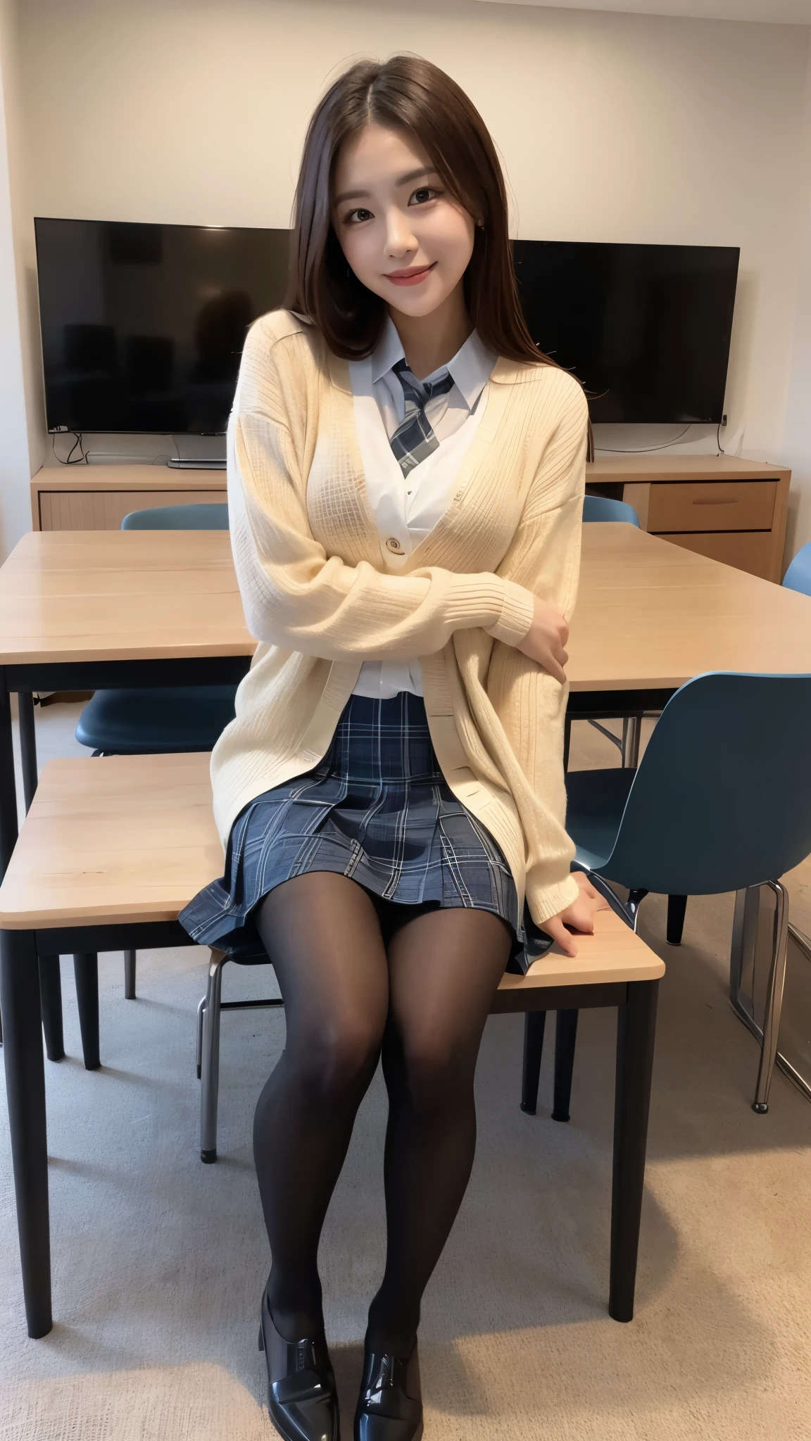 (((8k、High resolution、Highest quality、High resolution))), alone、Natural body shape、White skin、Natural Makeup、((Keep your hair up and short))、(((Sitting on a chair)))、、(:1.4)、(())、(((((Full body photo)))))、(((Front shot)))、(((Wear a uniform on the upper body)))、Bedroom、(((Of high school))) 、((white collared long sleeve blouse))、((Beige cardigan))、((Pleated skirt with dark blue plaid pattern、mini skirt、Ultra-realistic pantyhose))、、turn around、Cute expression、Cute Smile, ((Bare thighs))