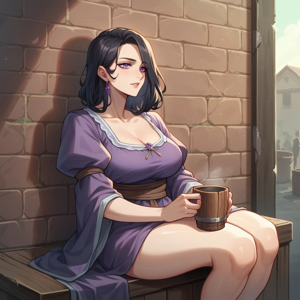 long black hair, purple eyes, mature woman, adult, perfect body, wearing rags, slum woman, poor, sitting on box, holding wooden cup, 18 years old, fantasy slum background, outdooes, sitting against run down wall, in a dark alley, looking at camera
