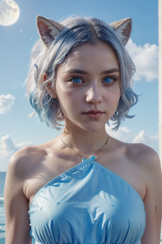 half-goat girl, with small horns, short hair white hair and a little wavy and blue jewel-like eyes, with aesthetic and cute dresses blue, and aesthetic background there is a moon and ice crystals